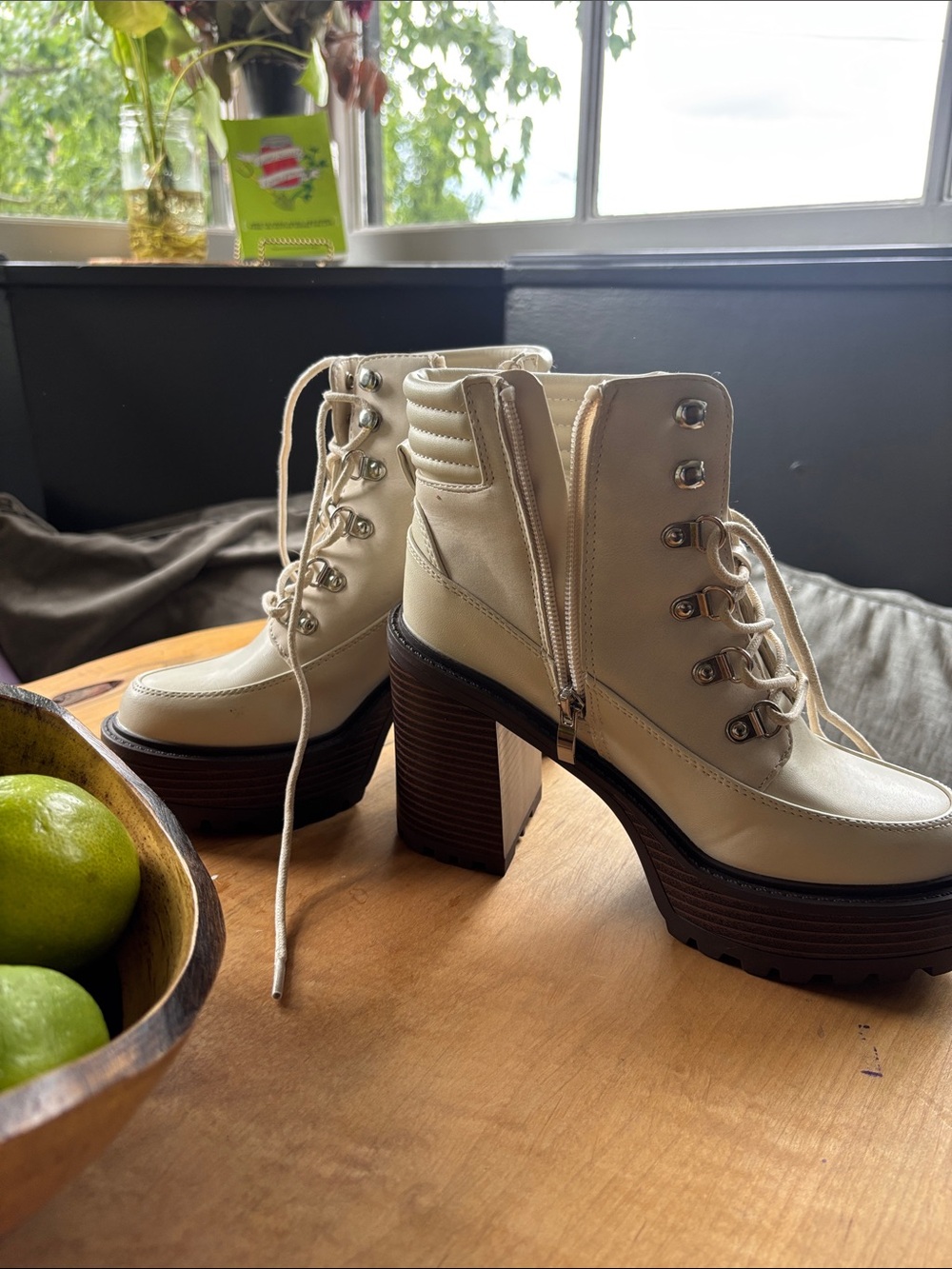JustFab Cream Lace-Up Platform Ankle Boots